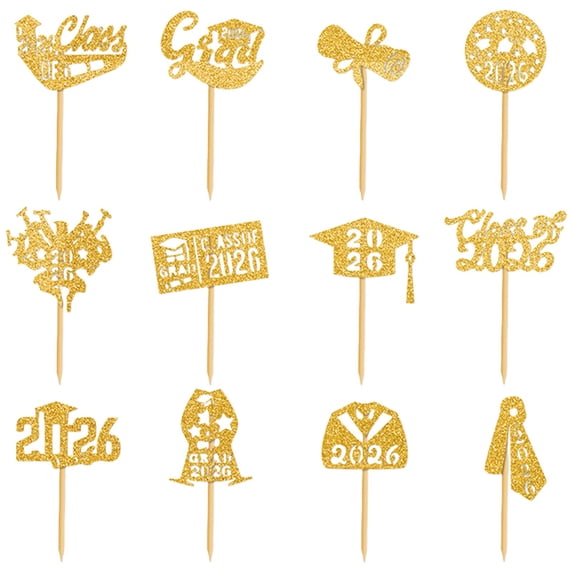 12PCS Glitter 2026 Congratulations Graduation Cake Topper,Congrats Grad Cake Decor - 2026 High School/College/Senior Graduation Party Decorations Supplies
