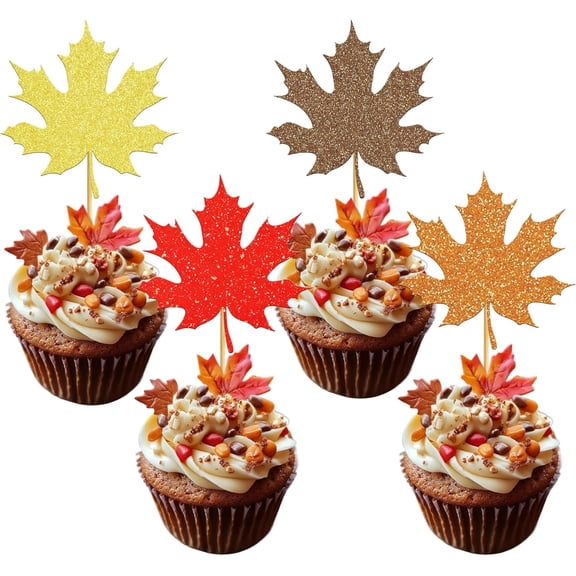 12PCS Glitter Maple Leaf Cupcake Toppers, Multicolor Autumn Leaves Picks, Thanksgiving Party Supplies