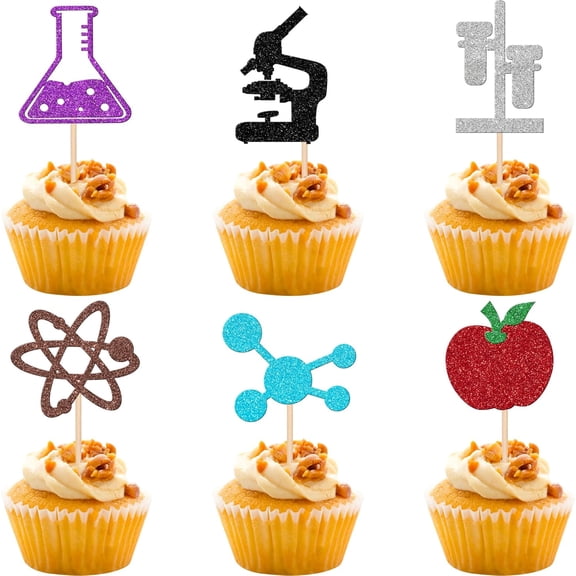 12PCS Glitter Science Themed Cupcake Toppers, Lab Equipment & STEM Party Decorations