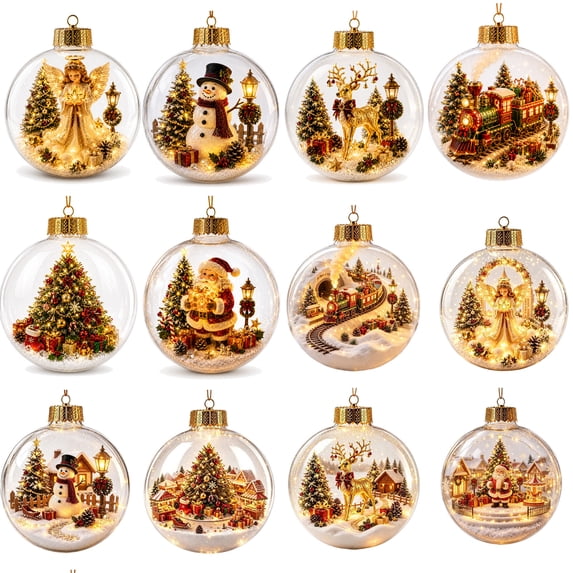 12PCS Glowing Christmas Ornaments - Mini Gold Light-Up Christmas Ball Ornaments - Christmas Tree Ornament with Warm LED Light for Tree Mantel, Holiday Scene Decoration & Gift