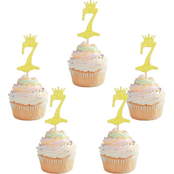 12PCS Gold Glitter "7" Cupcake Toppers with Crown, 7th Birthday Party Supplies