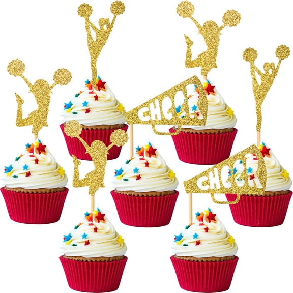 12PCS Gold Glitter Cheerleader Cupcake Toppers, Cheer & Sports Party Picks