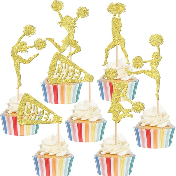 12PCS Gold Glitter Cheerleader Cupcake Toppers, Cheer Team Party Decorations