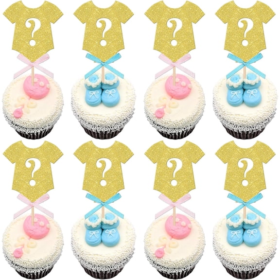12PCS Gold Glitter Gender Reveal Cupcake Toppers, Baby Onesie with Question Mark, Pink Blue Shoe Picks for Boy or Girl Baby Shower Decorations