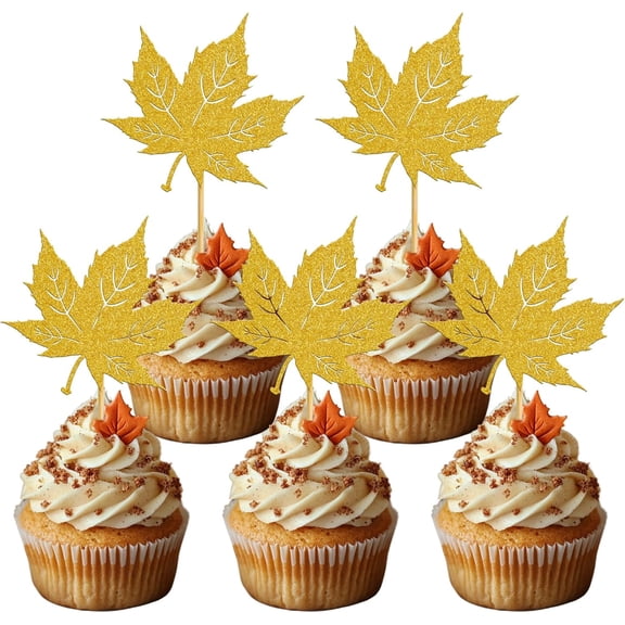 12PCS Gold Glitter Maple Leaf Cupcake Toppers, Fall Harvest Party Decorations, Thanksgiving Cupcake Picks