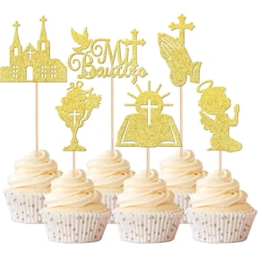 12PCS Gold Glitter Mi Bautizo Cupcake Toppers, Baptism Cross Angel Picks for Spanish First Communion Party Decorations