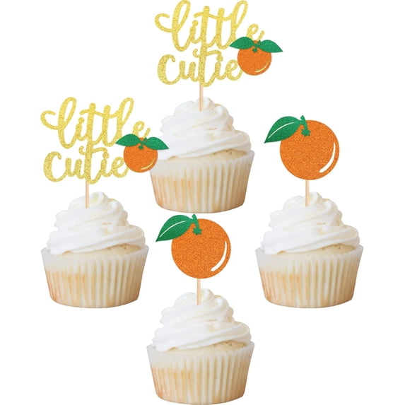 12PCS Gold & Orange Glitter Little Cutie Cupcake Toppers, Orange Picks for Citrus Fruit Themed Baby Shower or Birthday Party Decorations