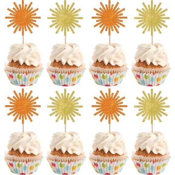 12PCS Gold & Orange Glitter Sun Cupcake Toppers, Summer Party Decorations