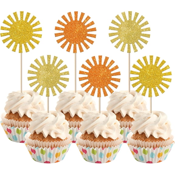 12PCS Gold & Orange Glitter Sun Cupcake Toppers, Summer Party Supplies