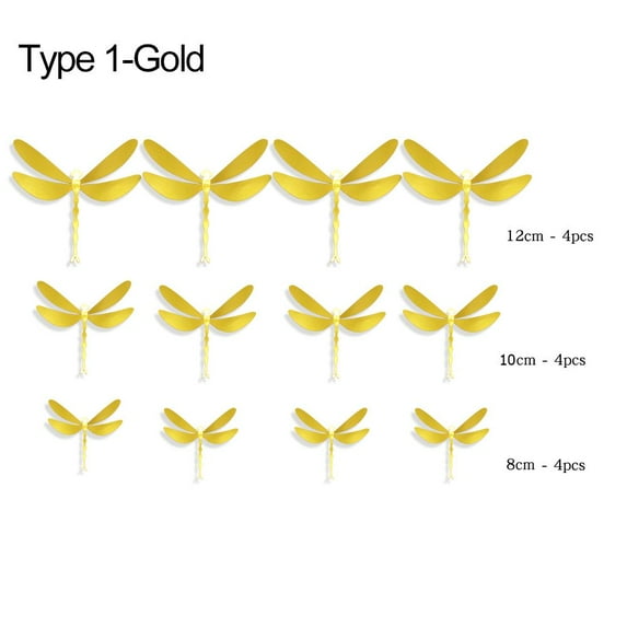 12PCS Gold Silver Rosegold Home Decoration Gardening Ornament Hollow Dragonflies 3D Dragonfly Stickers Metal Texture Wall Decals GOLD TYPE 1