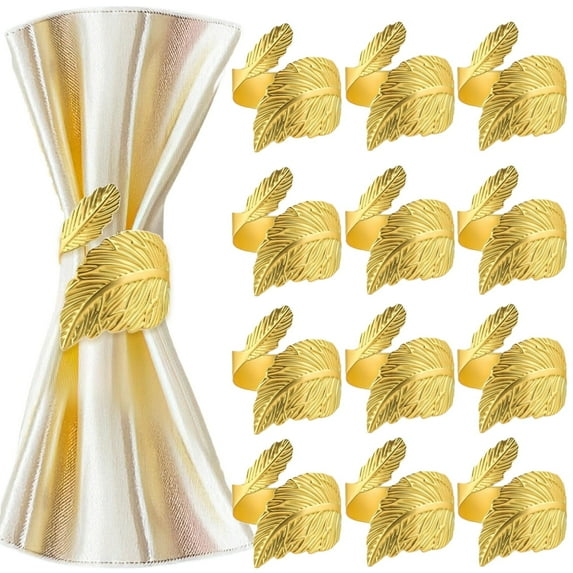12-Pack Napkin Rings, Golden Leaf Napkin Rings, Leaf-shaped Elegant Napkin Rings, for Table Setting Parties, Weddings, Christmas, Easter, Thanksgiving, Gifts for Housewarming