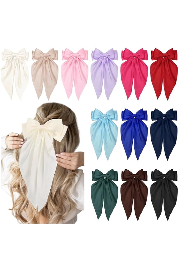 12PCS Hair Bows for Women Big Silky Satin Bow Clips with Long Tails Oversized, Cute Halloween Christmas Hair Accessories for Women, Aesthetic Large Ribbons Bow