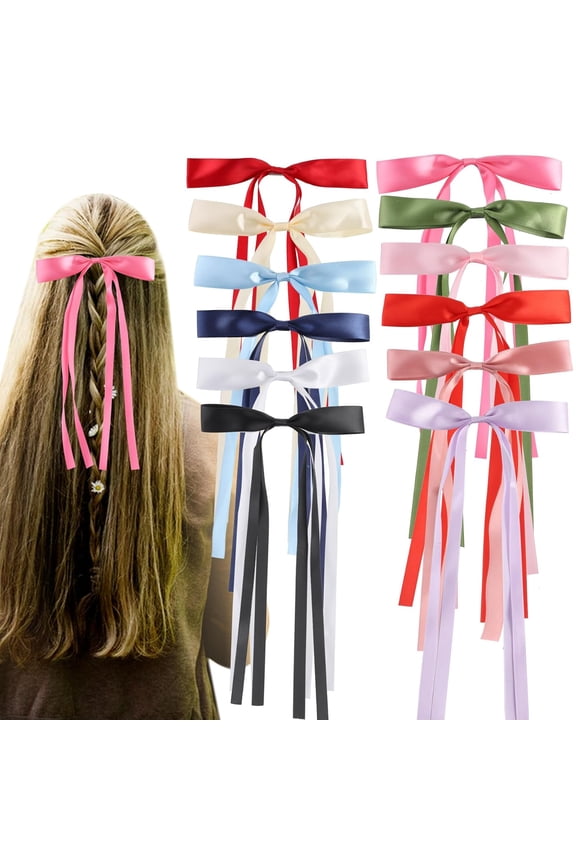 12PCS Hair Bows for Women, Long Silk Ribbon Hair Clips, 12 Colors