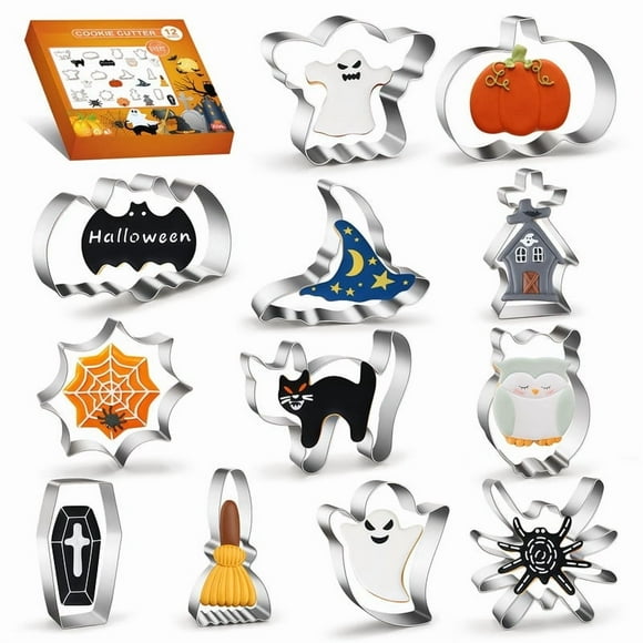 12PCS Halloween Cookie Cutter Set – Small Stainless Steel Metal Halloween Cookie Cutters for Ghost, Bat, Pumpkin, Cat, Coffin – Mini Halloween Baking Molds for Kids, Treats & Party Snacks