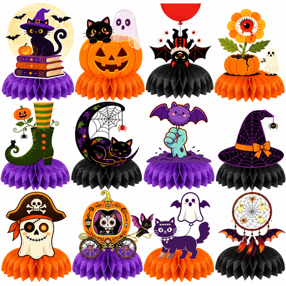 Halloween Honeycomb Table Centerpieces, 12 Pack, Pumpkin Ghost Witch Cat