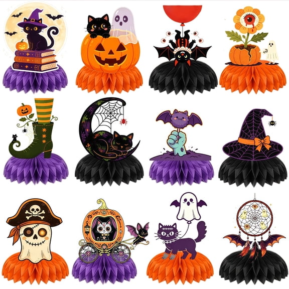 12PCS Halloween Party Decorations Halloween Honeycomb Centerpieces for Tables 3D Table Decorations with Pumpkin Ghost Witch Cat for Spooky Halloween Birthday Party Supplies Holiday Indoor Home Decors