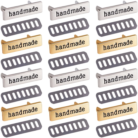 12PCS Handmade Metal Labels with Shim Crochet Tags 2 Colors Multi-Purpose Hand Made Printed Signs Label Rectangle Alloy Label Tag Signs Sewing Items Crafts