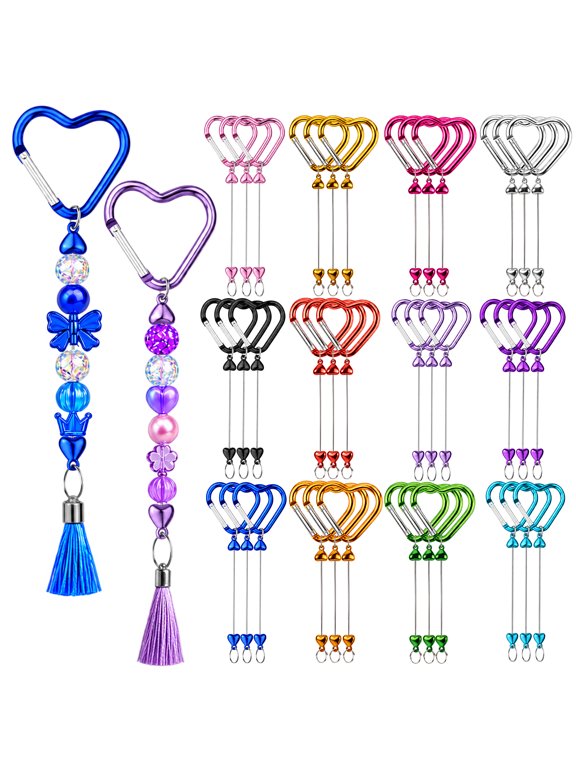 12PCS Heart Shaped Beadable Keychains with Snap Hooks, DIY Craft Accessories