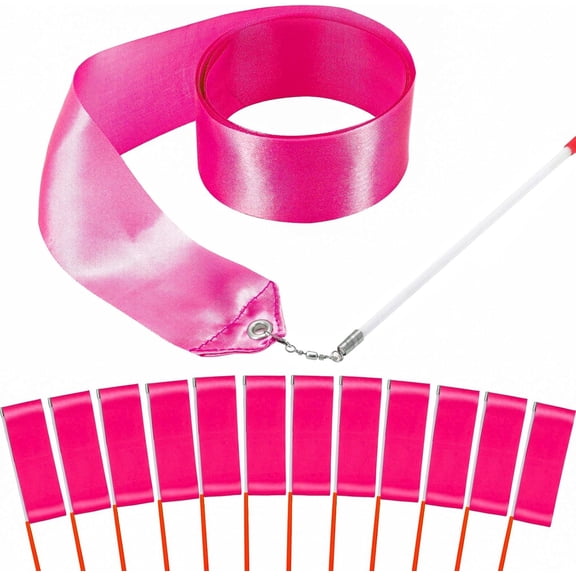 12PCS Hot Pink Girls Dance Ribbons Party Favors for Rhythmic Gymnastics Ballerina Birthday Party Streamers Decoration, Kids Circus Carnival Ribbon Silks Sticks Wands