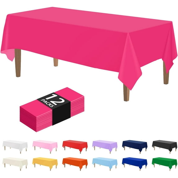 12PCS Hot Pink Plastic Tablecloths 54 x 108 Inch, Disposable Table Cloths Rectangle Party Table Covers