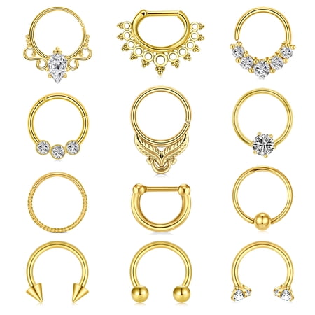 12PCS Hypoallergenic Septum Rings 16G 8mm Surgical Steel Clicker Nose Rings Hoops Set Small Lip Cartilage Helix Daith Piercing Jewelry for Women Men