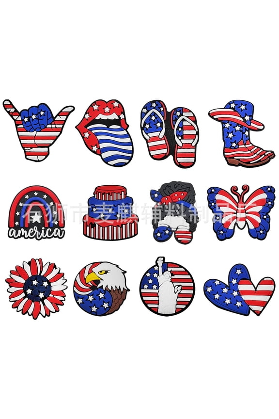 12PCS Independence Day Shoe Charms, Premium Random Shoe Charms for Girls, Cute PVC Shoe Decoration Charms for Girls Boys Women Men