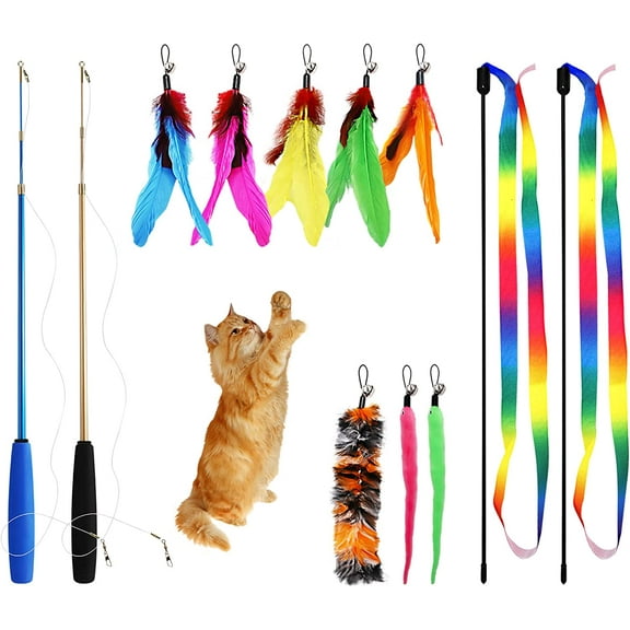 12PCS Interactive Kitten Toys, Retractable Indoor Cat Wand Toys with Replacement Teaser, Rainbow Ribbon and Make Exercise by