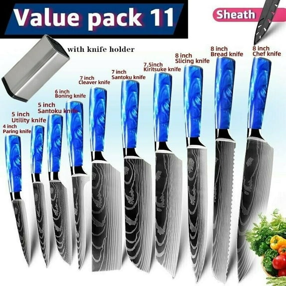12PCS Kitchen Knives Set,Stainless Steel Blue Diamond Knife Set with Knife Block and Sharpener,Blue