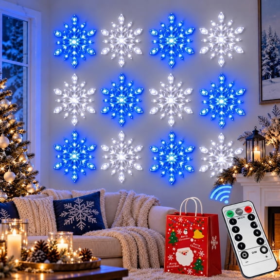 12PCS LED Snowflake Wall Set, Blue & White Mix Remote Controlled Glowing Snowflake Decor, Peel and Stick Wall Window Ceiling Christmas Lights, Icy Blue Cool White Color Changing Winter Decor