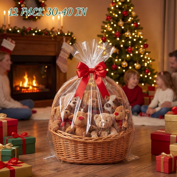 12 Pcs Large Cellophane Bags 30x40 inch Cellophane Wrap Clear Gift Bags for Gift Baskets