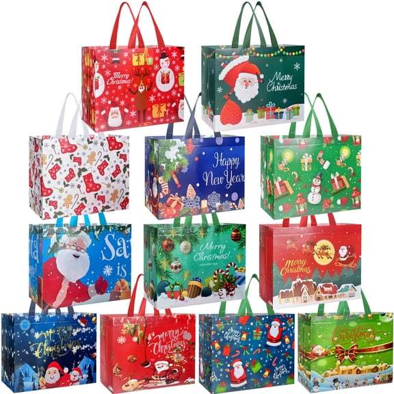 12 Pack Large Christmas Bags for Gifts, Non-Woven Reusable Tote with Handles for Holiday Party Supplies & Gift Wrapping, 12.8"x9.8"x6.7"