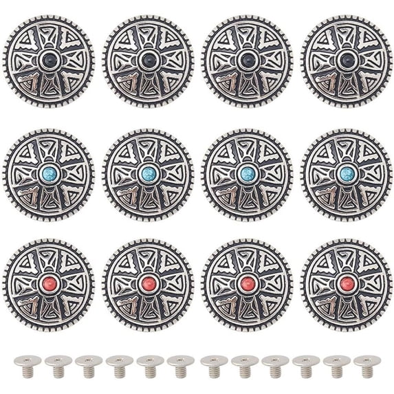 1 Box 12PCS Leather Decorative Conchos Buttons 3 Colors Metal Stud Screw Back Turquoise Metal Button Replacement Zinc Alloy Buckle Rivet DIY Creativity Product Accessories for Craft Sewing