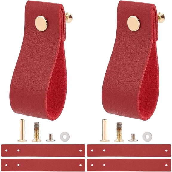 12PCS Leather Drawer Pull Vintage Cabinet Door Handle Nordic Furniture Hardware Pulls for Cupboard Drawer(174X26mm Dark Red)