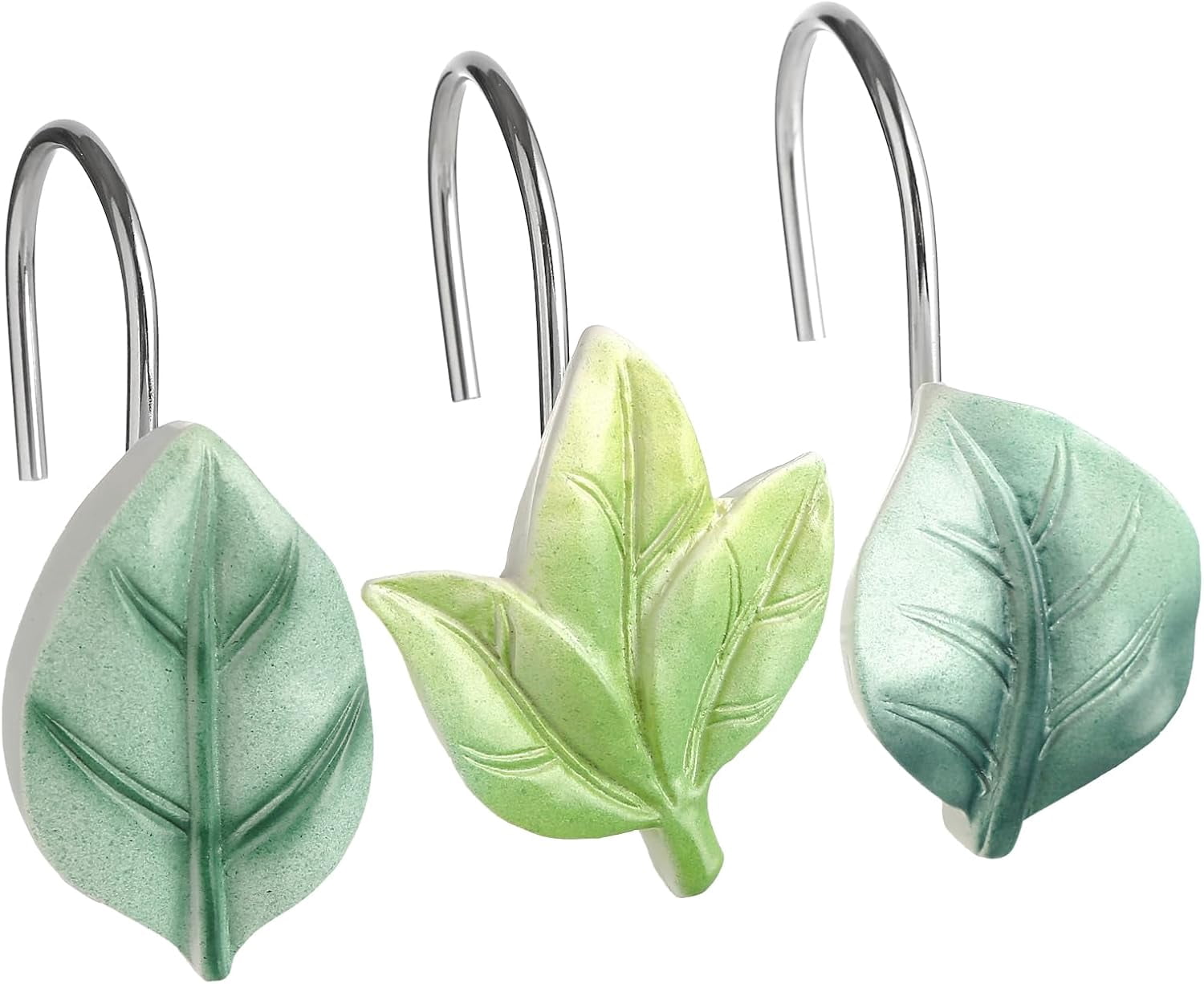 12PCS Leaves Shower Curtain Hooks, Green Plant Decorative Leaf Shower Curtain Hooks Metal Rustproof Cute Eucalyptus Shower Curtain Rings Bathroom Decoration Accessories