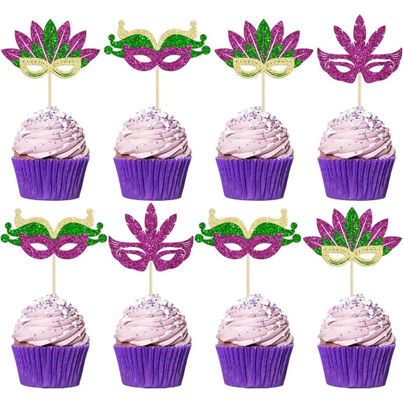 12PCS Mardi Gras Cupcake Toppers Multicolor Glitter Masquerade Face Covering Cupcake Toppers for Masquerade Mardi Gras Party Birthday Party Decorations