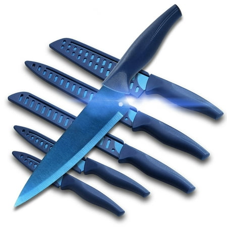 12PCS Matte Blue Titanium Stainless Steel Knife Set, Sharp Kitchen Knife Set Professional, Kitchen Knife Set Dishwasher Safe with Covers for Cooking