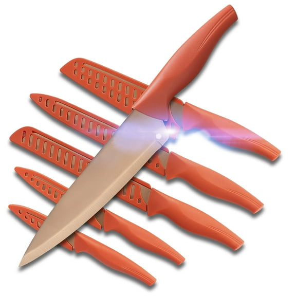 12PCS Matte Orange Titanium Stainless Steel Knife Set, Sharp Kitchen Knife Set Professional, Kitchen Knife Set Dishwasher Safe with Covers for Cooking