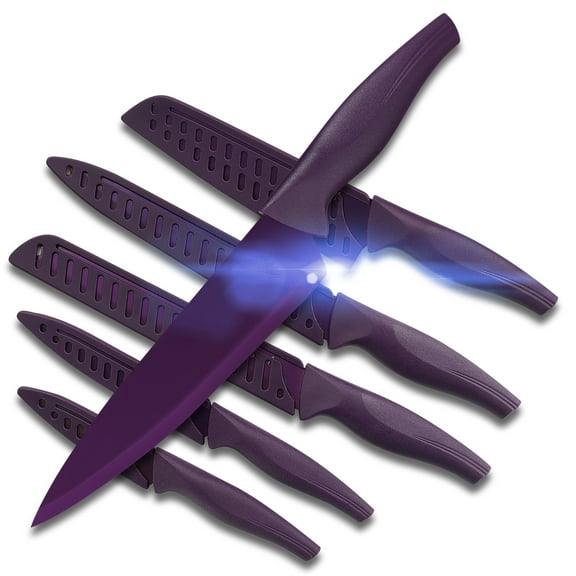 12PCS Matte Purple Titanium Stainless Steel Knife Set, Sharp Kitchen Knife Set Professional, Kitchen Knife Set Dishwasher Safe with Covers for Cooking