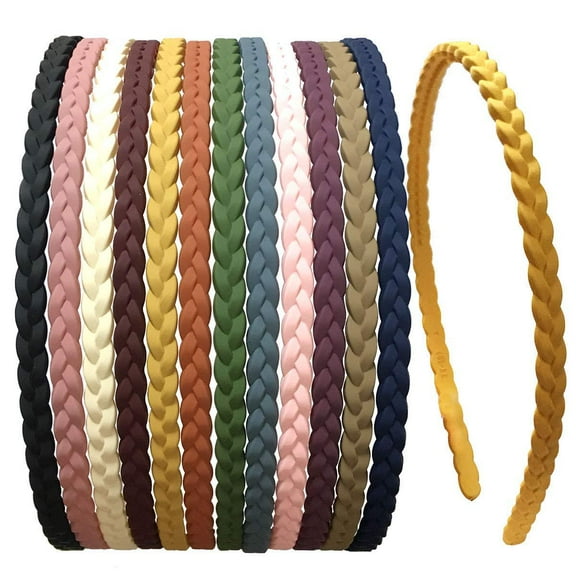 12PCS Matte Solid Color Braided Plastic Thin Headbands, Non-Slip Hard Hair Hoops Elastic Hair Bands for Girls and Women
