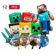 12PCS Pixel Mining Game Characters Foil Balloons – Adventure Building Block Theme Party Decorations