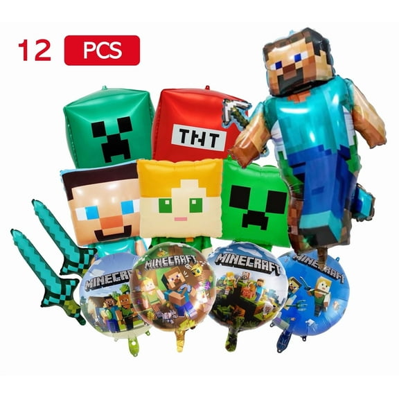 12PCS Pixel Mining Game Characters Foil Balloons  Adventure Building Block Theme Party Decorations