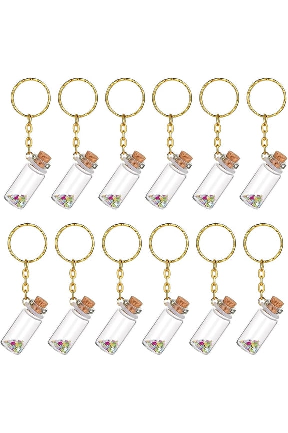 12PCS Mini Glass Wish Bottle Keychains 3ml Tiny Jars with Cork Lids Potion Bottles with Sparkly Stars Gold Keyrings Pendant for DIY Crafts Party Wedding Bag Hanging Decorations Colorful