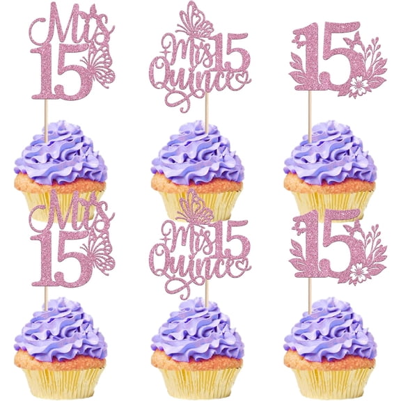 12PCS Mis 15 Quinceanera Cupcake Toppers, Glitter Pink Purple Butterfly 15th Birthday Cupcake Picks, Sweet 15 Quinceaera Party Decorations for Girls