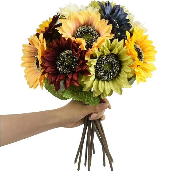 12PCS Multicolor Artificial Sunflower Flowers Long Stem Large Silk Sunflowers Bridal Wedding Bouquet Fake Flower Arrangements for Outdoor
