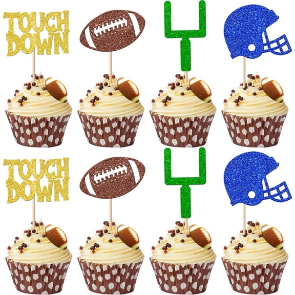 12PCS Multicolor Glitter Football Cupcake Toppers, Touchdown Picks for Super Bowl, Game Day, Sports Birthday Party Supplies