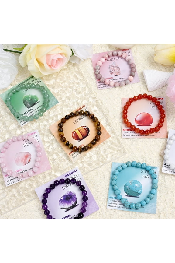 12PCS Natural Crystal Bracelets for Women Men - 8mm Semi-Precious Gemstone Beaded Bracelets, Round Gemstones Stretch Bracelet, Yoga Bracelets Jewelry Gifts
