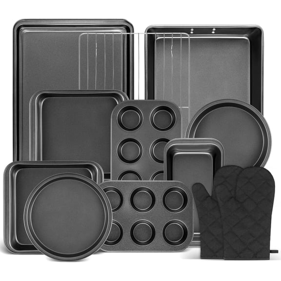12PCS Nonstick Baking Pans Set - Stackable Bakeware Sets with Wider Grip, Carbon Steel Baking Set Including Cookie Sheets for Baking, Muffin Pan, Loaf Pan, Cake pan, Roasting Pan, Oven Mitts