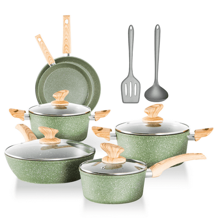 12PCS Nonstick Hammered Granite Kitchen Cookware Cooking Pots Pans Set Green