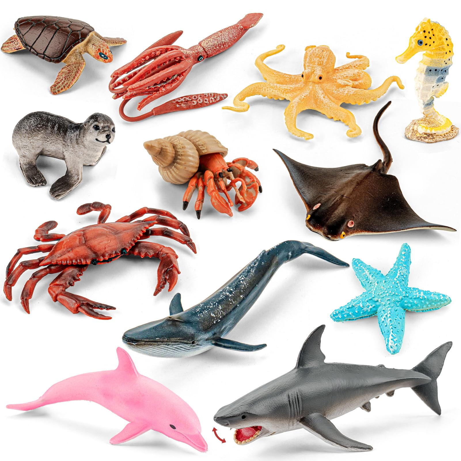 12PCS Ocean Sea Animal Toys for Kids,Realistic Soft Plastic Shark,Whale,Dolphin,Hermit Crab,Octopus,Starfish,Sea Turtle,Party Favors Birthday Gifts Cake Toppers for Boys Girls