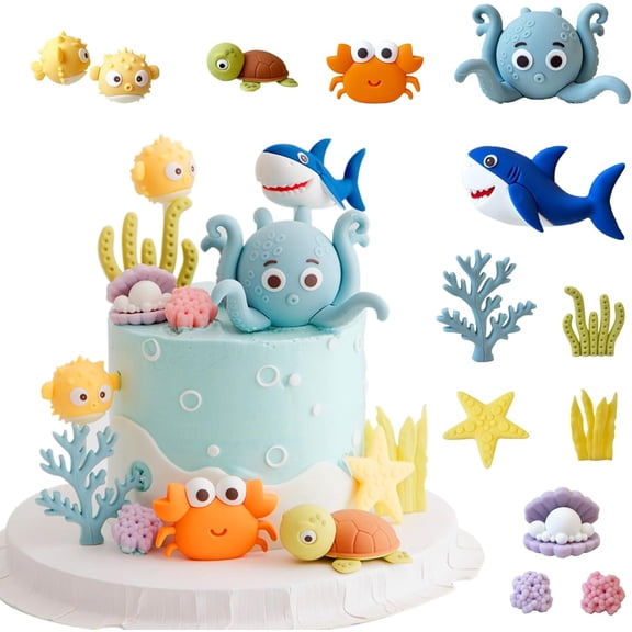 12PCS Ocean Underwater World Cake Decorations,Ocean Animals Cute Octopus, Shark & Crab Figurines for Birthday Cake Toppers (BLUE)